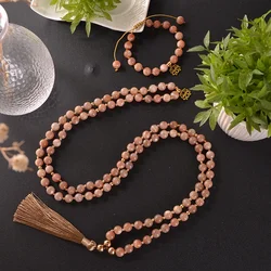 8mm Natural Sunstone Beads Knotted 108 Japamala Necklace Meditation Yoga Blessing Tibetan Rosary Jewelry Bracelet Set with Lotus