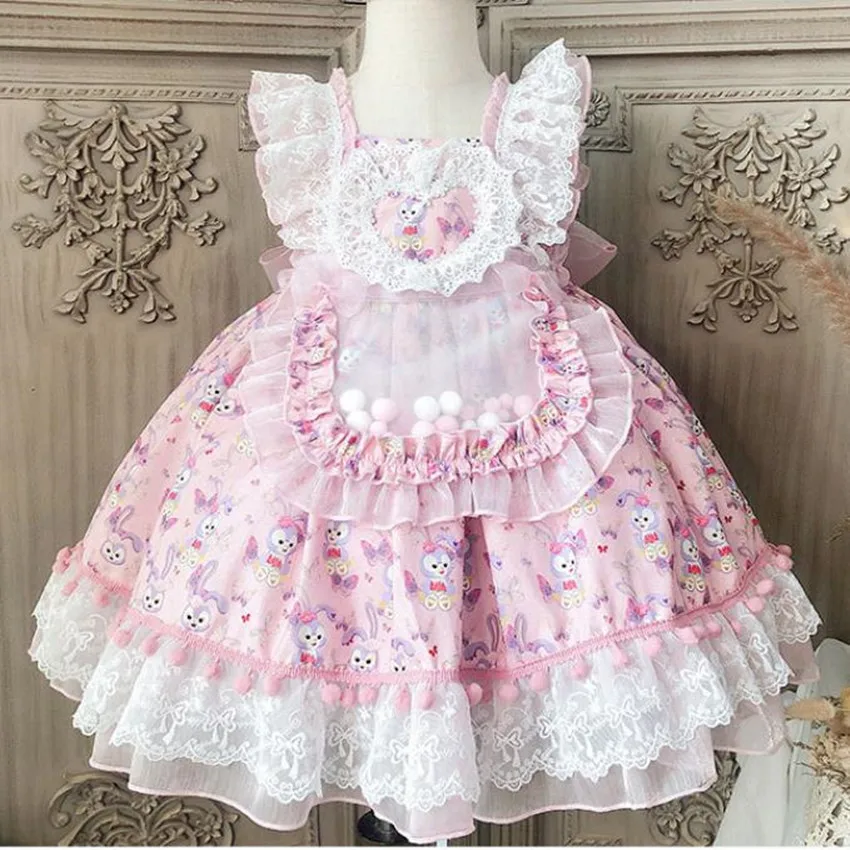 Baby girl autumn vintage Spanish lolita carton printed ball gown dress kids lace stitching birthday party princess dress