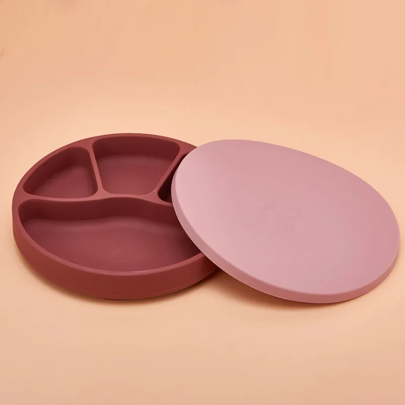 Kids Solid Divided Silicone Plate With Lid Portable Children Suction Dinner Plate Cute Feeding Training Tableware Baby Food Bowl