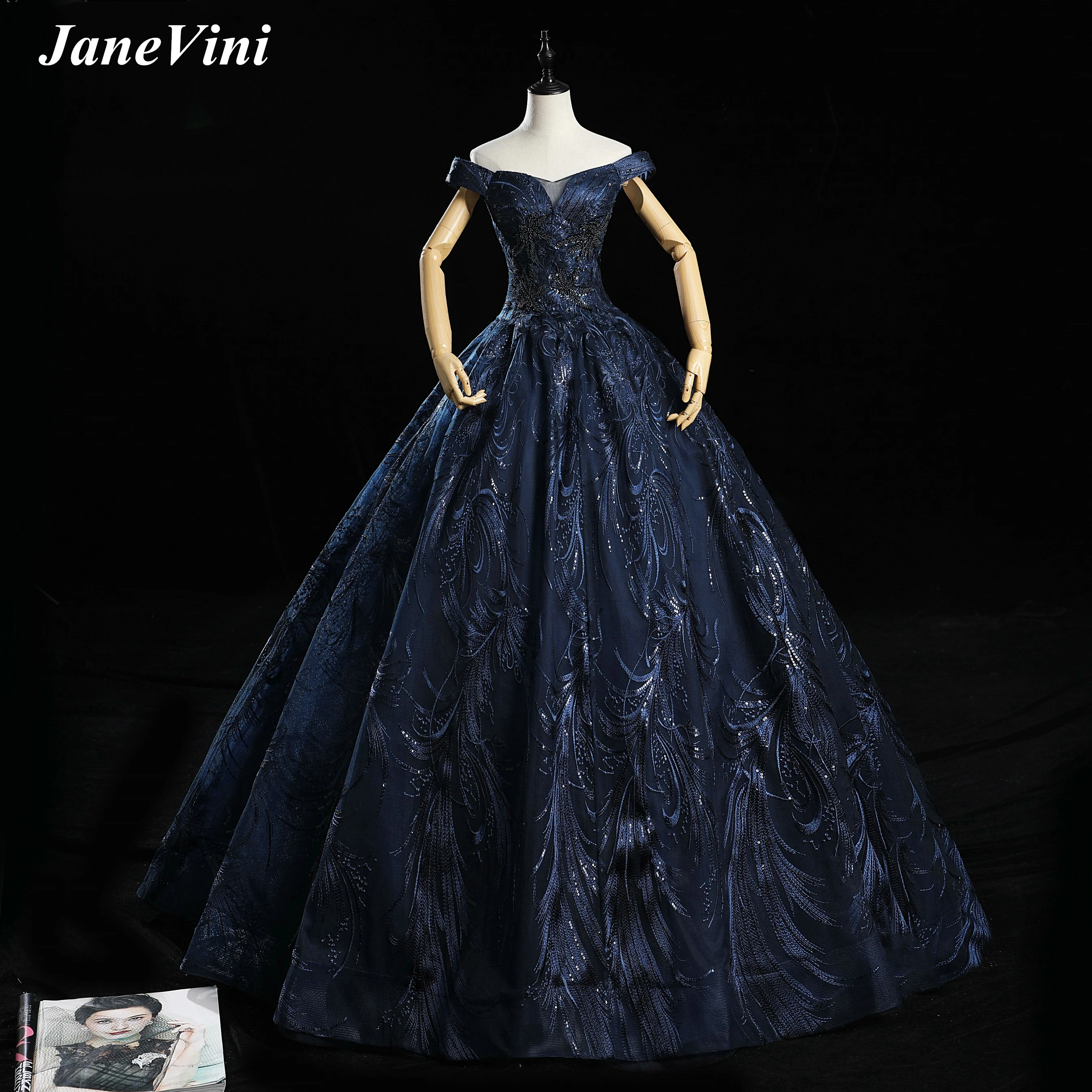 JaneVini Elegante Süße 16 Navy Blau Ballkleid Quinceanera Kleider Lange Off Schulter Spitze Stickerei Perlen Puffy Tüll Prom Kleid