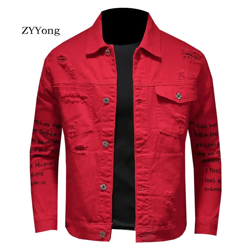 Spring Fashion Bomber Pilot Red White Tattered Ripped Denim Jacket Men Jean Coat Motorcycle Casual Youth Clothing Overcoat