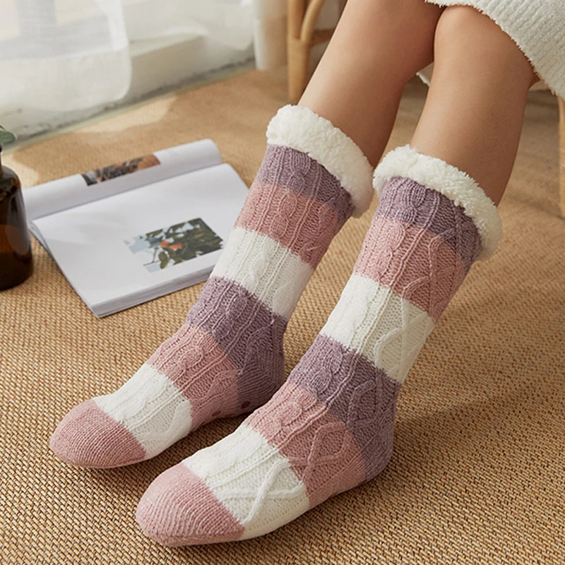 Winter Warm Socks Plus Thicken Comfortable Stripes Women Socks Mid-calf Sleep Fuzzy Stocking Xmas Gift Home Floor Carpet Socks