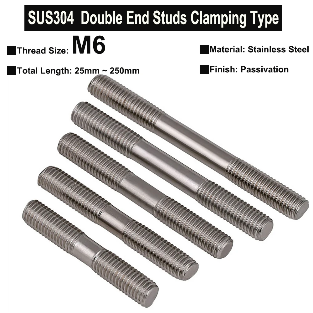 Yiqianyuan M6x1.0 SUS304 Double End Studs Clamping Type Headless Stud Bolt Screw Rod Tooth Stick Dual Head Threaded Bar