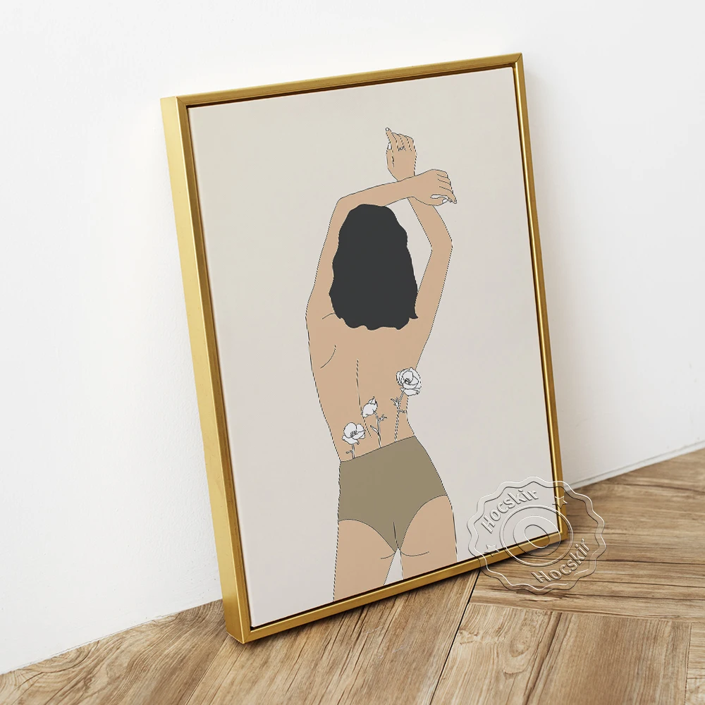 Female Bare Back Poster, Woman Wearing Panties Canvas Painting, Girl Raise Hands Up Wall Stickers, Flowers Art Prints Home Decor