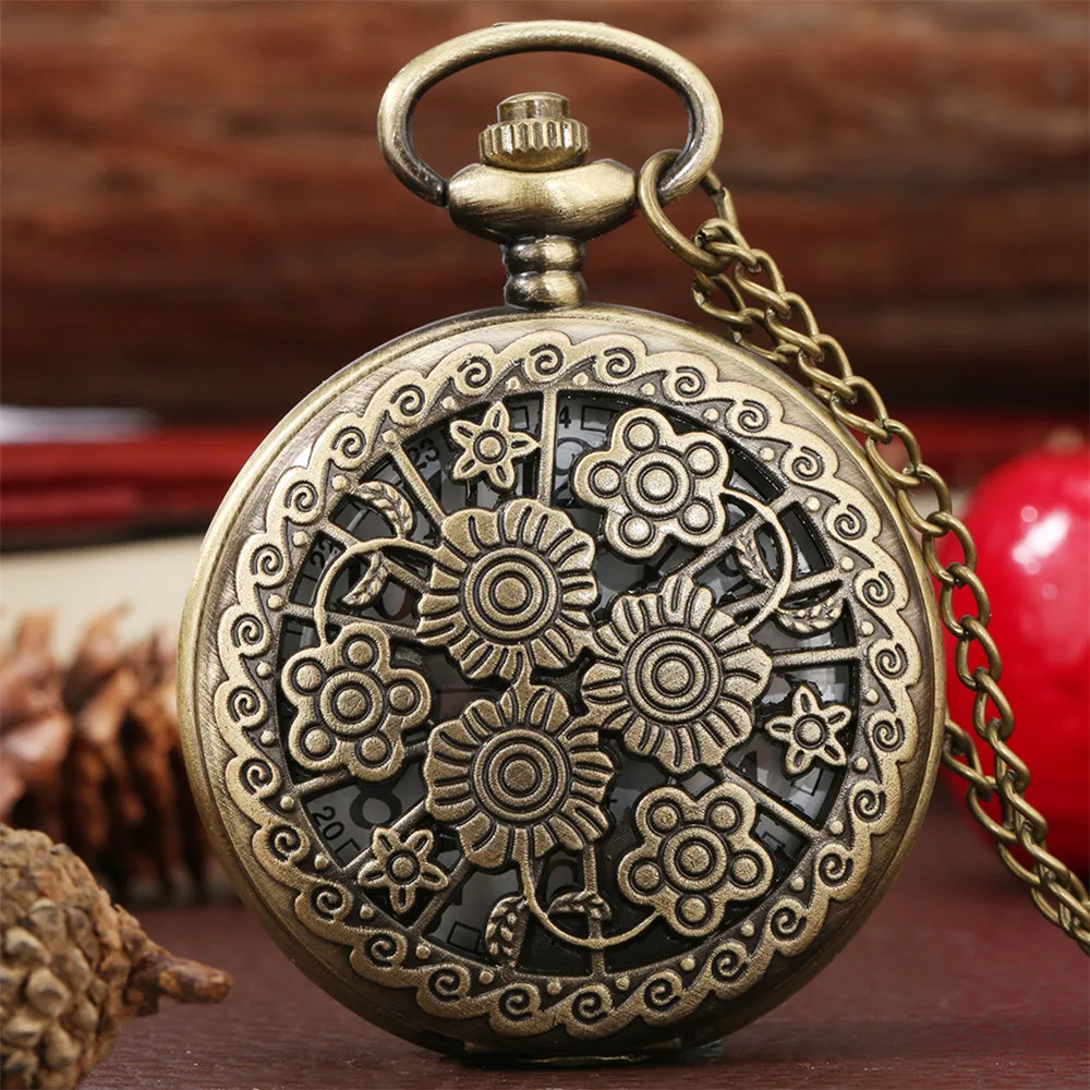 Elegant Vintage Flowers Design Necklace Pocket Watch Quartz Movement Retro Bronze Sweater Chain Pendant Pocket Timepiece Female