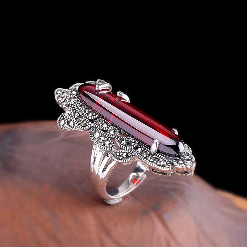 Uglyless Irregular Long Gemstones Rings for Women Colorful Chalcedony Rings Vintage Thai Silver 925 Silver Exaggerated Jewelry