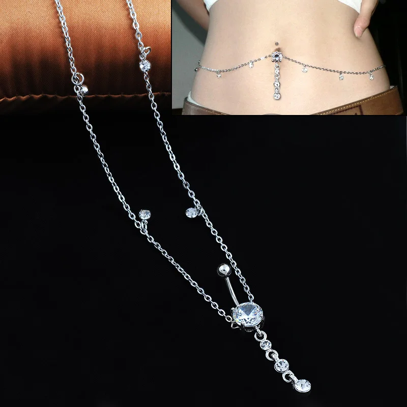 Sex Accessories White Zircon Sexy Rhinestone Dangle Belly Button Chain Piercing Waist Chain Navel Ring Porn BDSM Bondag S1042