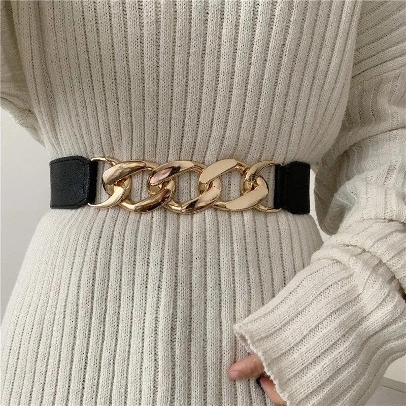 

Luxury Brand Women Metal Corset Belts Elasticity Leather Wide Wasit Belt Chain All-match Coat Casual Female Designer Waistband