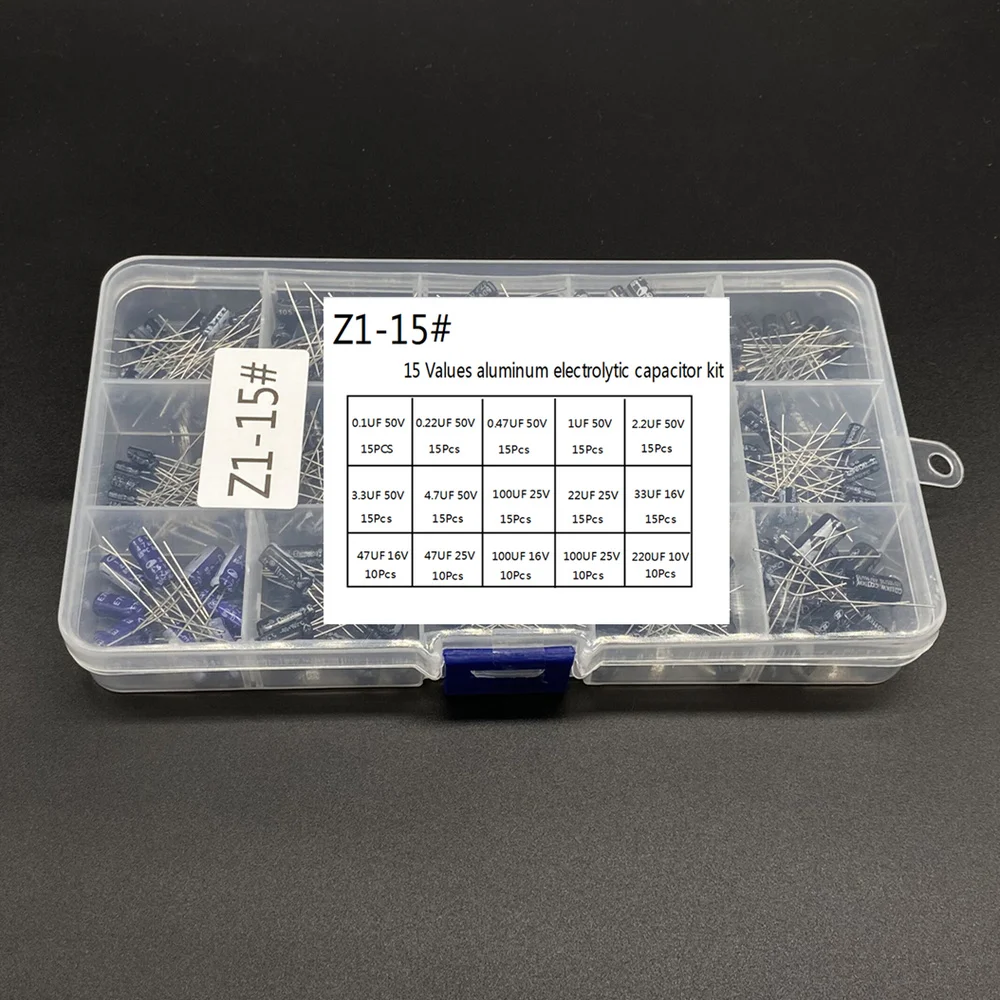 200pcs/lot Radial capacitors set 15Values 10V 16V 25V 50V 0.1uF-220uF Electrolytic Capacitor Assortment Kit 0.22uf 2.2uf 100uf