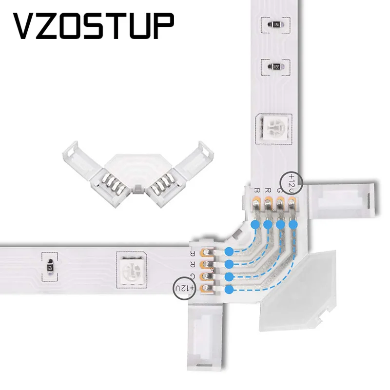 Narożne złącze LED RGB 10 mm 4-pinowe złącze w kształcie litery L IP20 Taśma świetlna LED bez lutowania pod kątem 90 stopni do taśmy 5050 3528