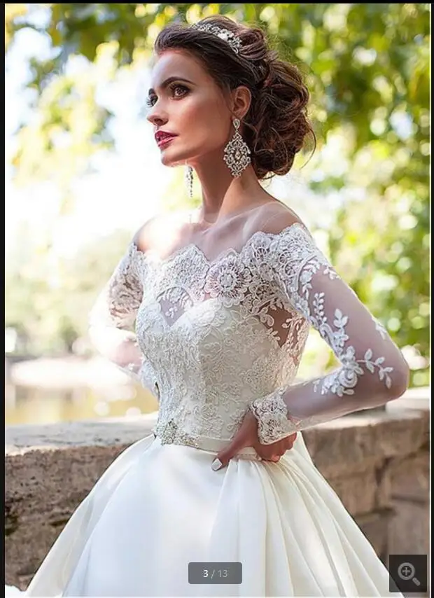 White Satin Ball Gown Wedding Dress Lace Appliques Off The Shoulder Long Sleeve Beaded Bride Dresses Princess Puffy Back Button