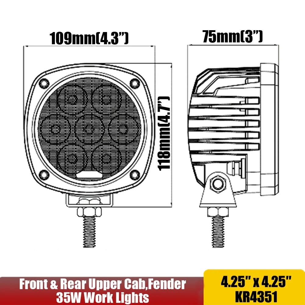 35W LED Work Light Compact Square 4x4 Flood Beam For Case Backhoe/Crawler Dozer/Wheel Loader LED Upper Cab or Fender Light x1pc