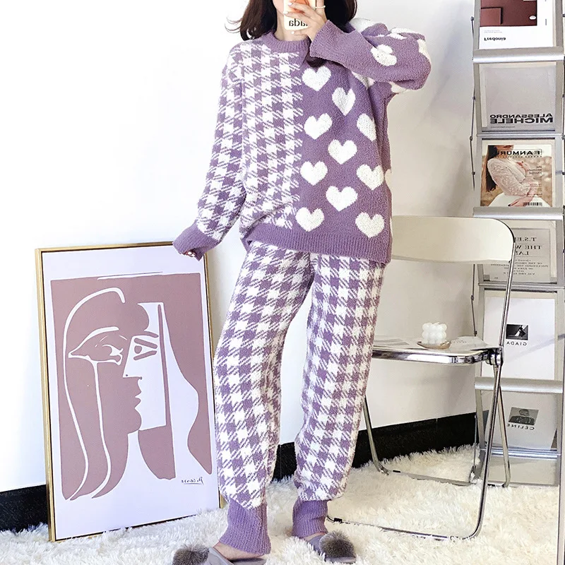 Autumn Winter Sleepwear 2-Piece Set Pajamas For Women Lattice Long Pants Feather Yarn Nightwear Keep Warm Homewear Pijama Pyjama