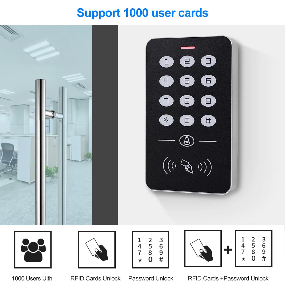 Standalone RFID Access Control Keypad Door Opener Programmer 1000 User Capacity with Waterproof Cover 125KHz Keyfobs for entry