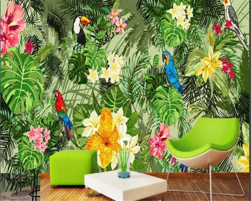 Wellyu personalizzato grande murale disegnato a mano pappagallo foresta pluviale tropicale pianta tropicale cartone animato sfondo parete carta da