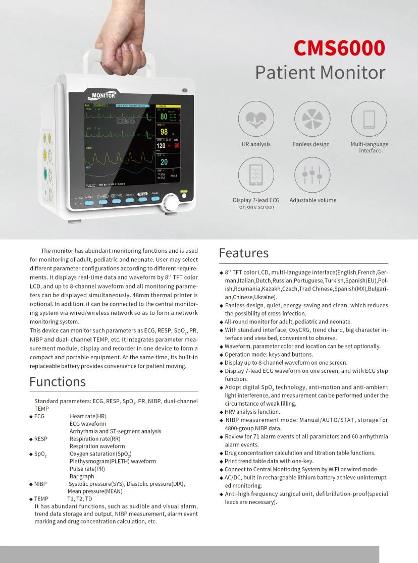 CONTEC CMS6000 Patient Monitor for Human Veterinary 6 Parameters ECG RESP SPO2 NIBP TEMP Display up to 8-Channel Waveform