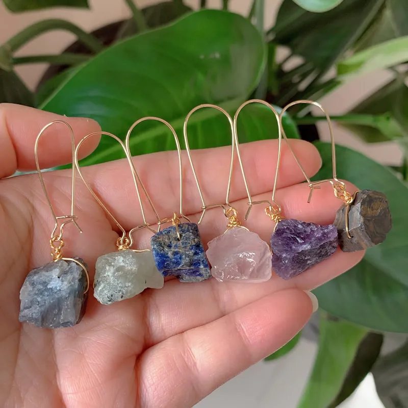 Raw Mineral Stone Rock Crystal Earrings Natural Amethysts Lapis Fluorite Citrines Amazonite Pink Quartz Dangle Earrings Healing