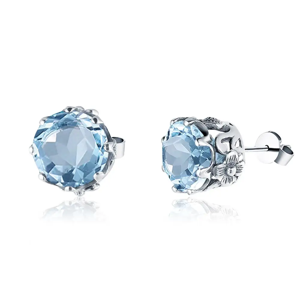 

925 Sterling Silver Earrings Round Aquamarine Gemstones Korean Earrings for Women Original Vintage Charm Fine Jewelry New Sale