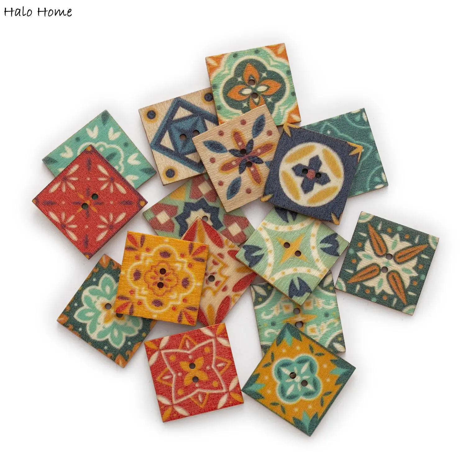 30pcs Square Retro Painting Series Wood Buttons Handwork Sewing Scrapbook Clothing Crafts Accessories Gift Card 20-25mm