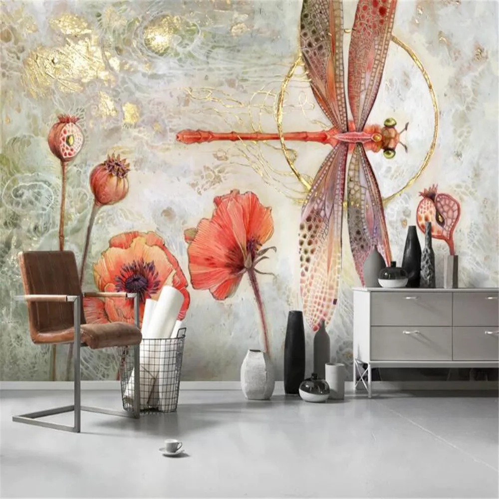 

Настенная роспись MIlofi, ручная роспись в скандинавском стиле, стрекоза, Мак