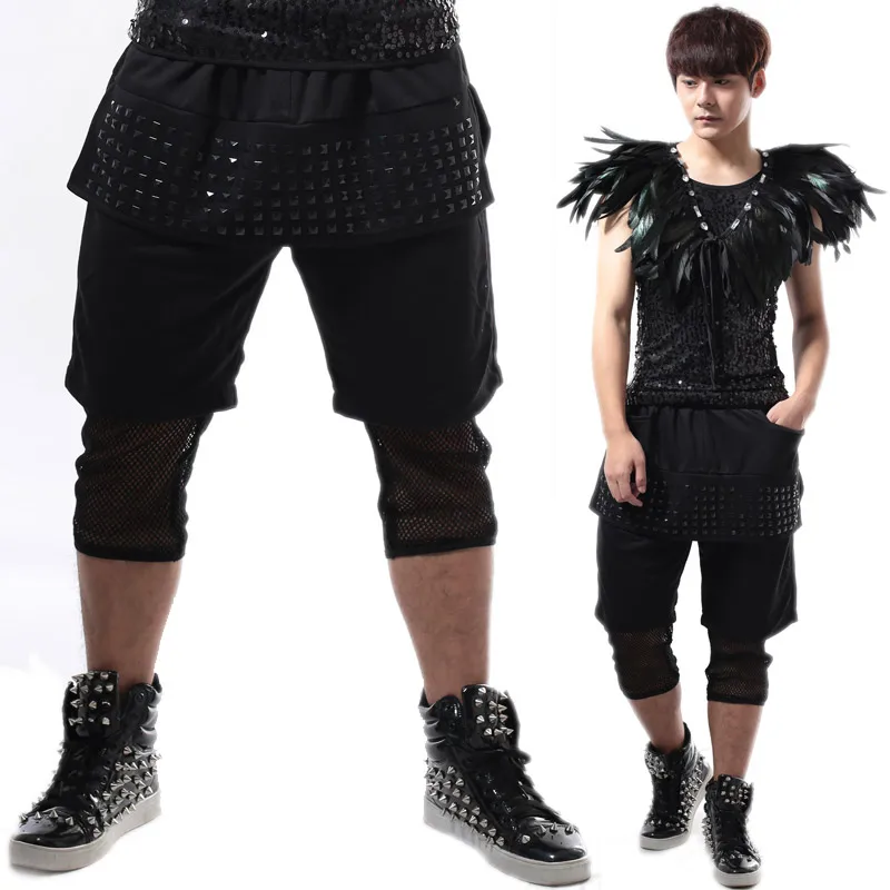 European and American cropped trousers men's stage performance nightclub personalized costumes men rivet stitching two-piece har