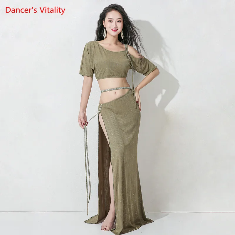 Belly Dance Set Sequins Top Long Sleeve Split Skirt Practice Clothes Suit Female adult High Waist Performance Clothing