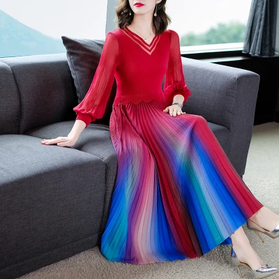 

HOT SELLING pleated miyake v-neck Lantern sleeve dress Gradient pleated dress IN STOCK