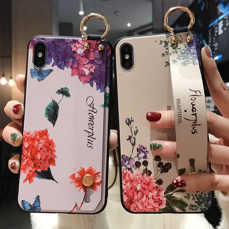 for OPPO Realme 5 6 Pro C15 C11  X2 Pro XT C2 U1 Reno 4 2 3 Phone Case 3D Emboss Art Leaf Flower Wrist Strap Phone Holder Cover