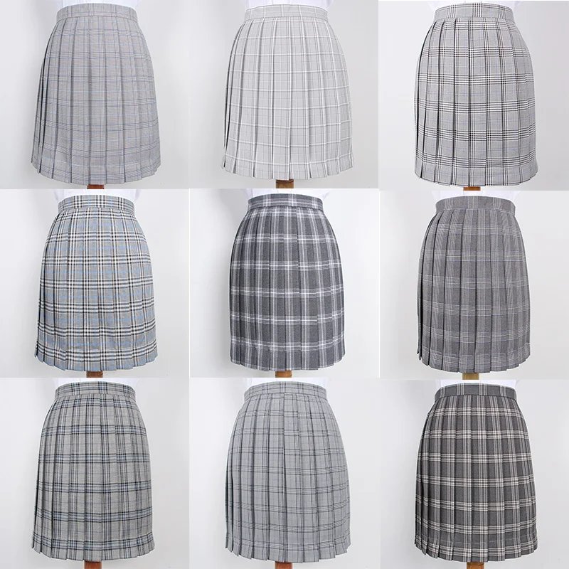 Japanese School Dresses For Girls Gray Plaid Pleated Skirt Women JK Uniform Skirt High School Student Anime Sailor Suit Skirt