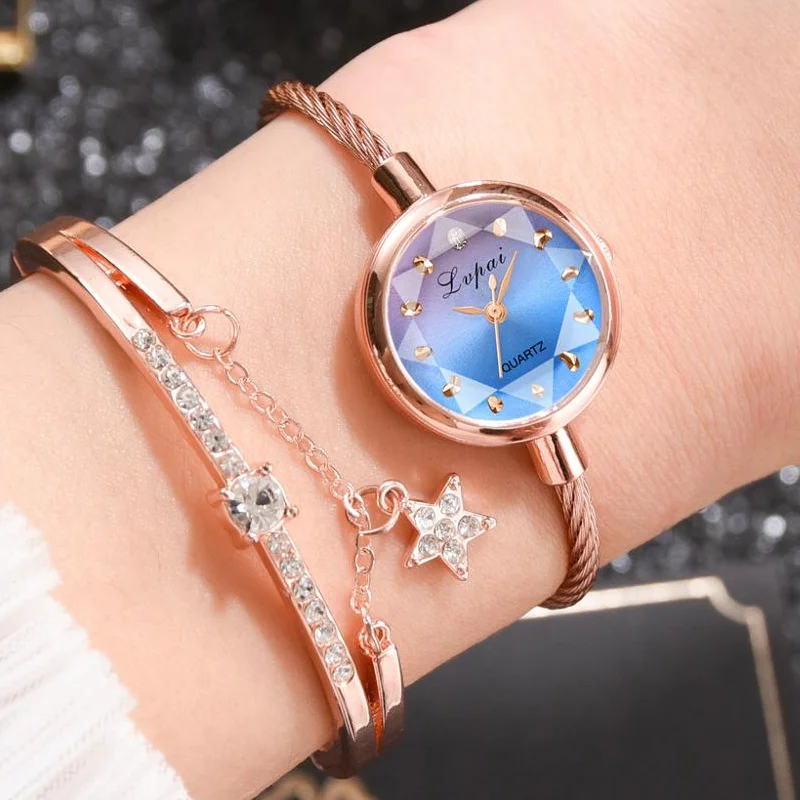 

Bracelet Watch Women Gradient Small Dial Ladies Watches Set 2PCS Rhinestone Gift Female Clock Wristwatch Rose Gold reloj mujer