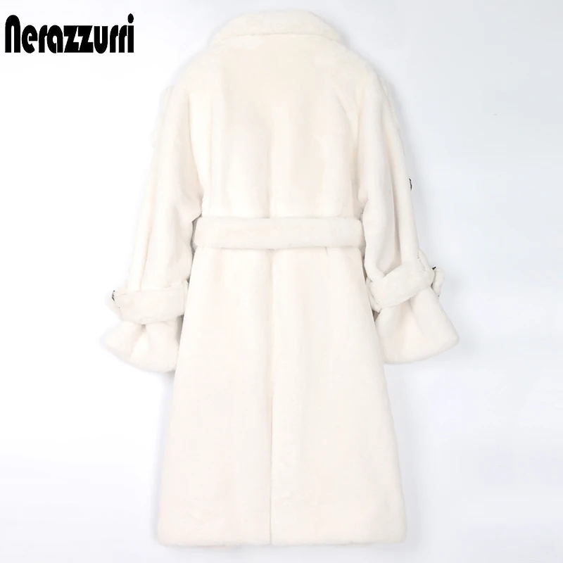 Nerazzurri Long Warm Thick Soft Fluffy Faux Fur Trench Coat for Women 2022 Double Breasted Pink White Green Winter Fashion Belt