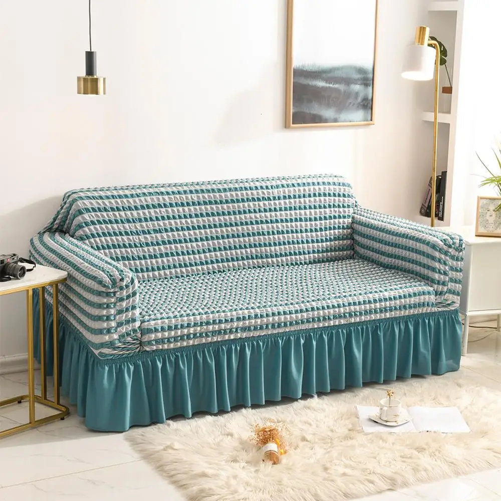 Meijuner Solid Color Skirt Sofa Sover Seersucker Fabric Sofa Cover For Living Room Plaid Stretch Sectional SlipcoversCouch Cover