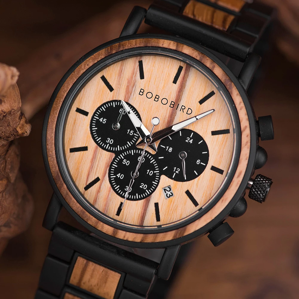 BOBO BIRD P09 Orologi in legno e acciaio inossidabile Cronografo da uomo Orologi da polso Lancette luminose Cronometro Dropshipping personalizzato