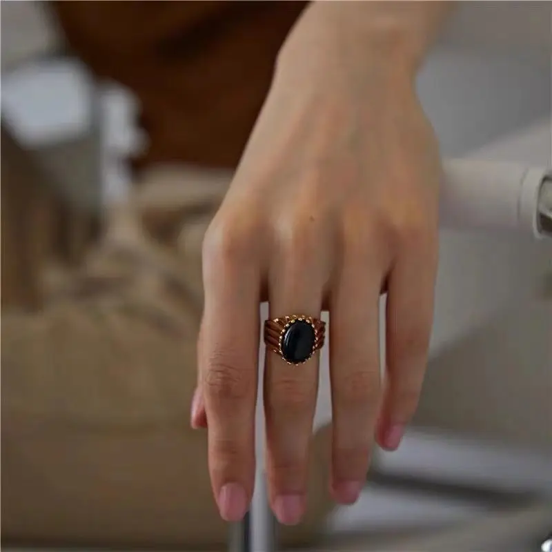 Stripe design silver inlaid round black agate adjustable ring personality and temperament strange women's brand jewelry