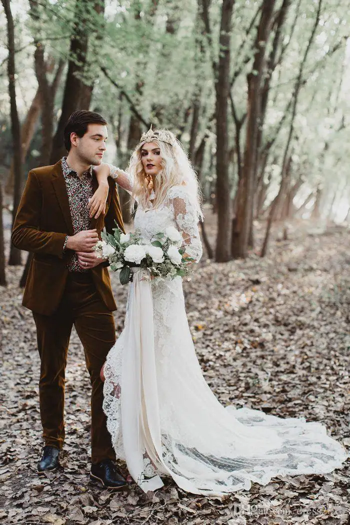 Vestido De novia bohemio De encaje, Media manga, Espalda descubierta, abertura frontal, línea A, romántico