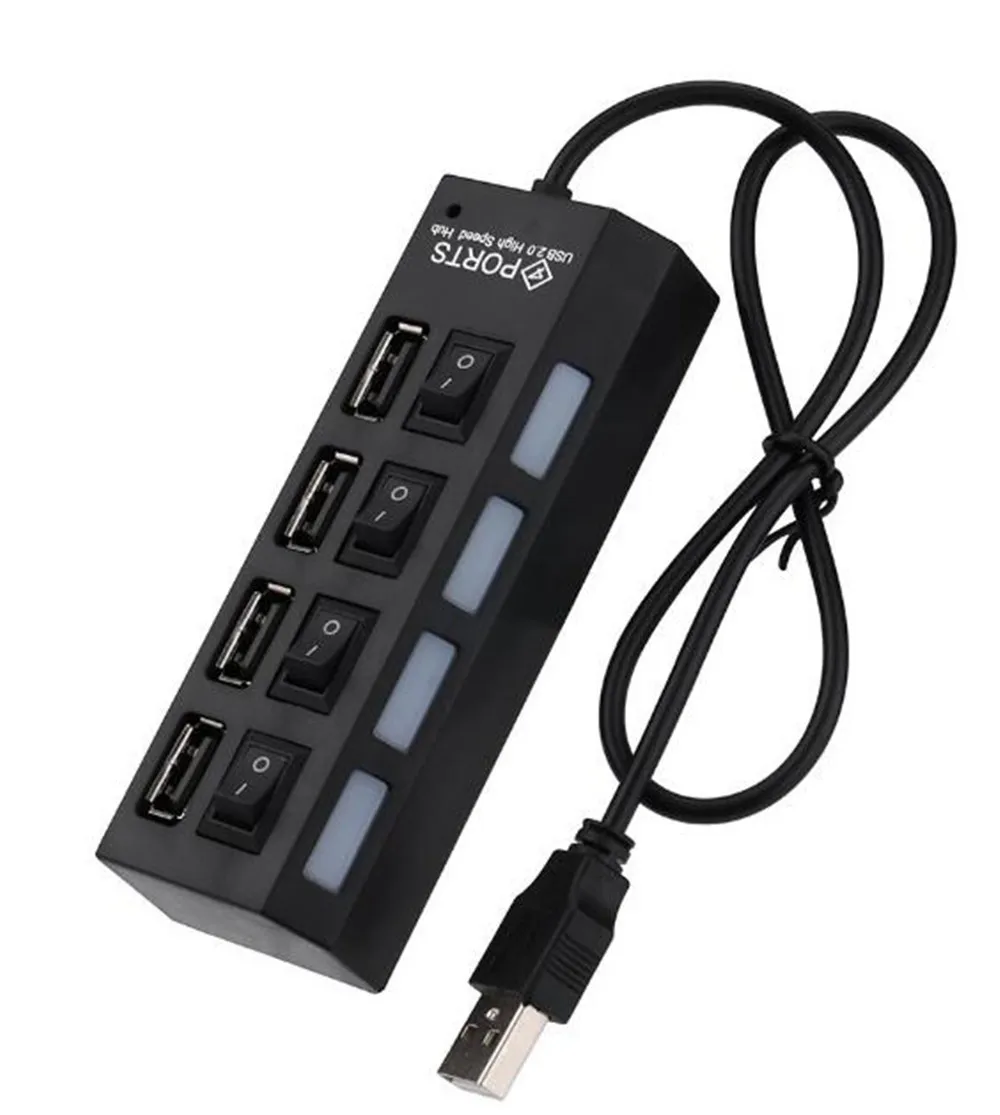 New 4 Port USB 2.0 Hub On/Off Switches + Power Adapter Cable for PC Laptop