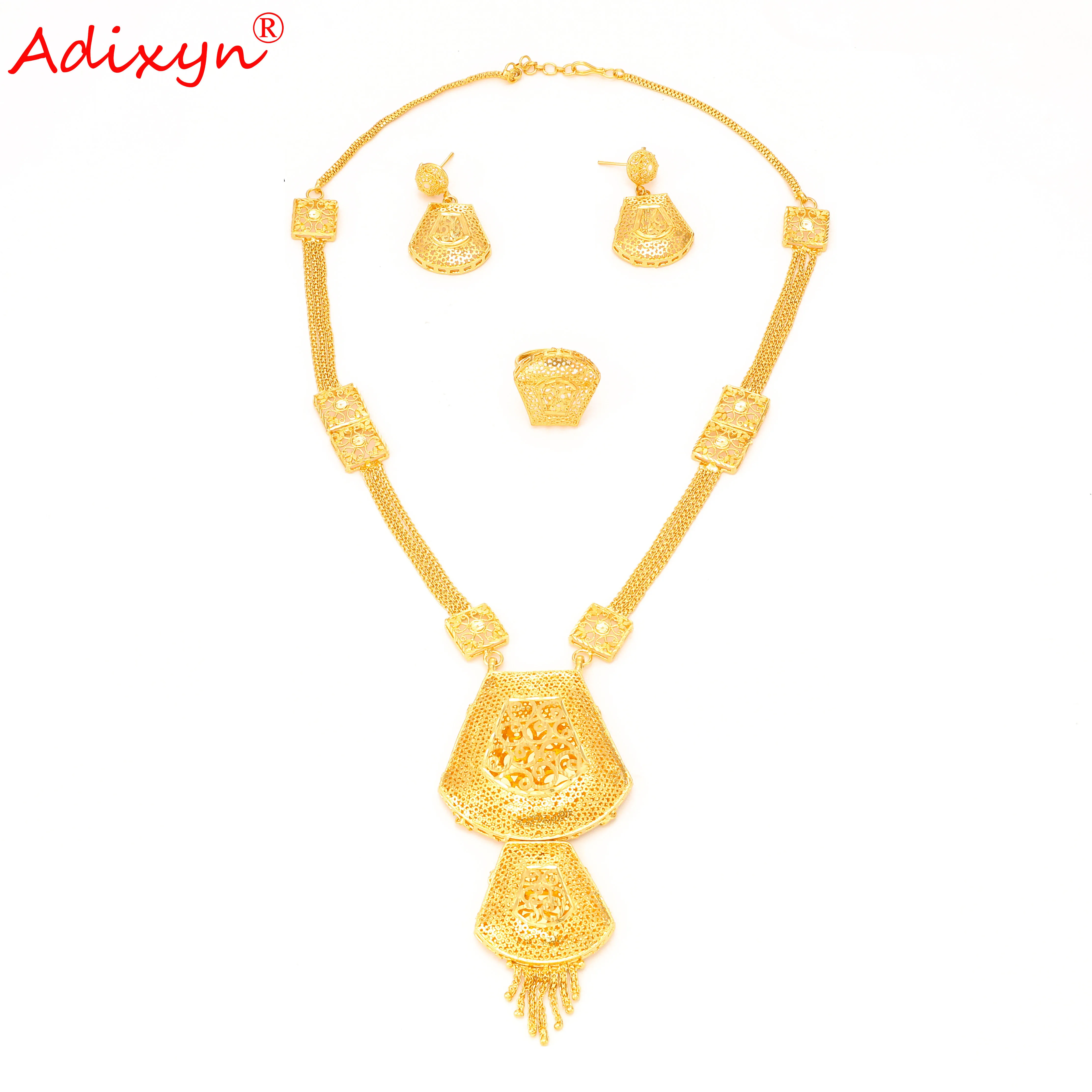 Adixyn 24k Long Chain Earrings Ring Jewelry Set Gold Color/Copper Indian Bridal Jewelry Dubai Arab Wedding Gifts N1021F1