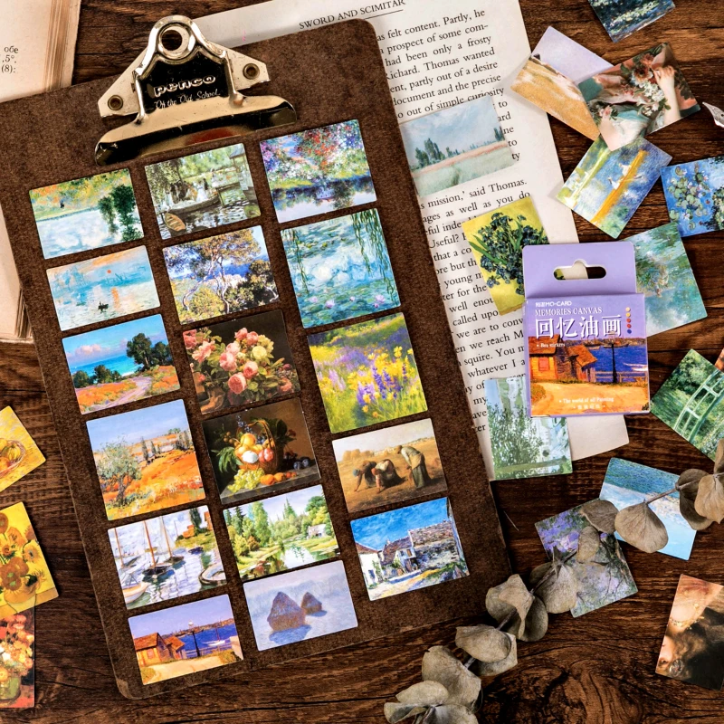 

45pcs Memories Canvas Boxed Stickers Retro Van Gogh Starry Sky Monet Water Lily Bullet Journaling Accessories Sealing Stickers