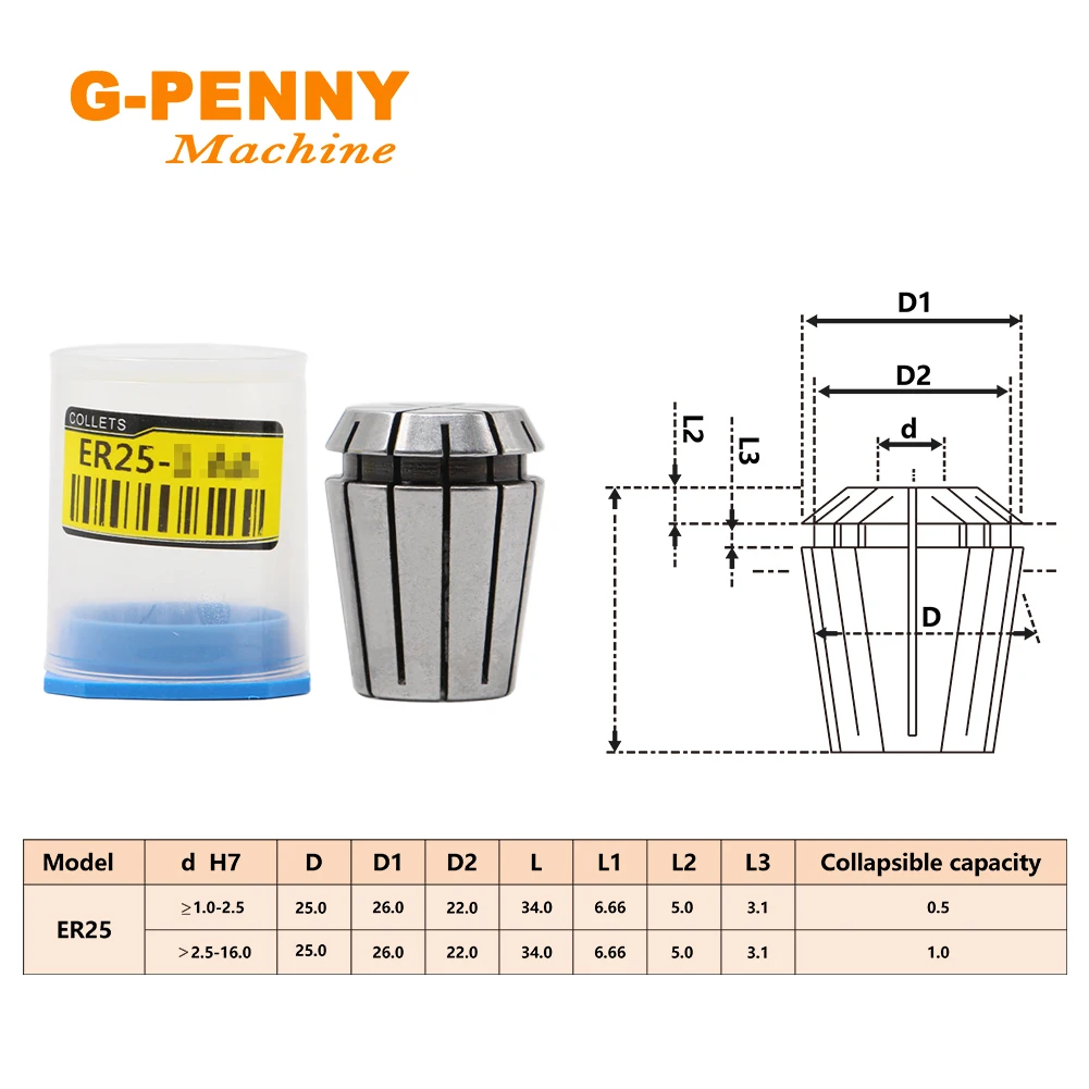 G-PENNY Machine Spindle Collet ER25 Precision 0.015 Collet 1-16mm,1/4,1/8,1/2mm Collet for CNC Milling lathe tool and spindle