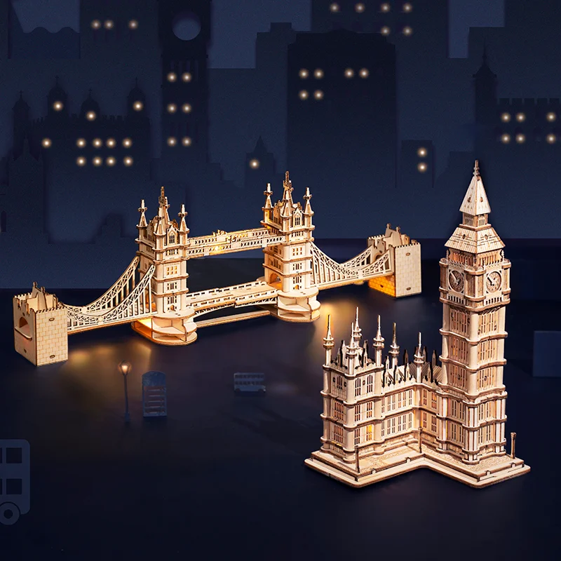 Robotime Puzzle in Legno Gioco Fai da Te 3D Tower Bridge, Big Ben, Famoso Edificio Assemblaggio Giocattolo Regalo per Bambini Adolescenti Adulti