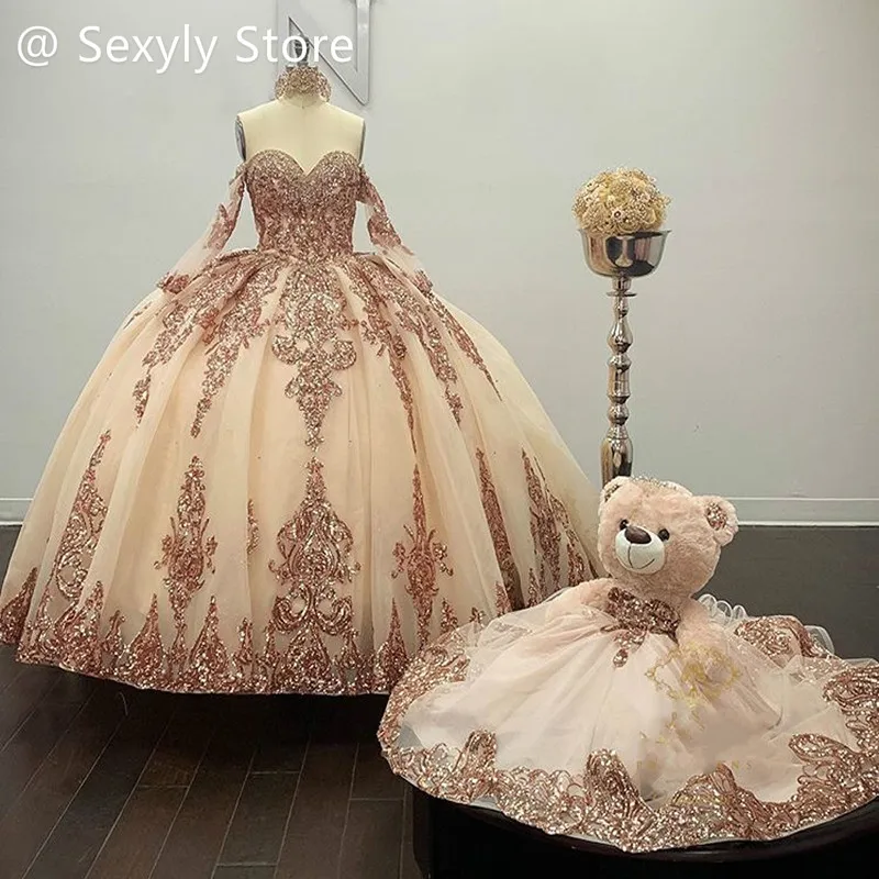 Fotos reales, De oro rosa Vestido De quinceañera, 15 años, apliques De cuentas, dulce Vestido De 16, baile De graduación, fiesta De cumpleaños