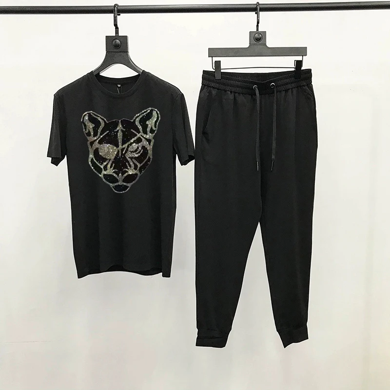 

Fabric Breathable Tracksuit Diamond Sets Brand Short Sleeve Top + Pants Jogging Summer Fashion T-Shirt