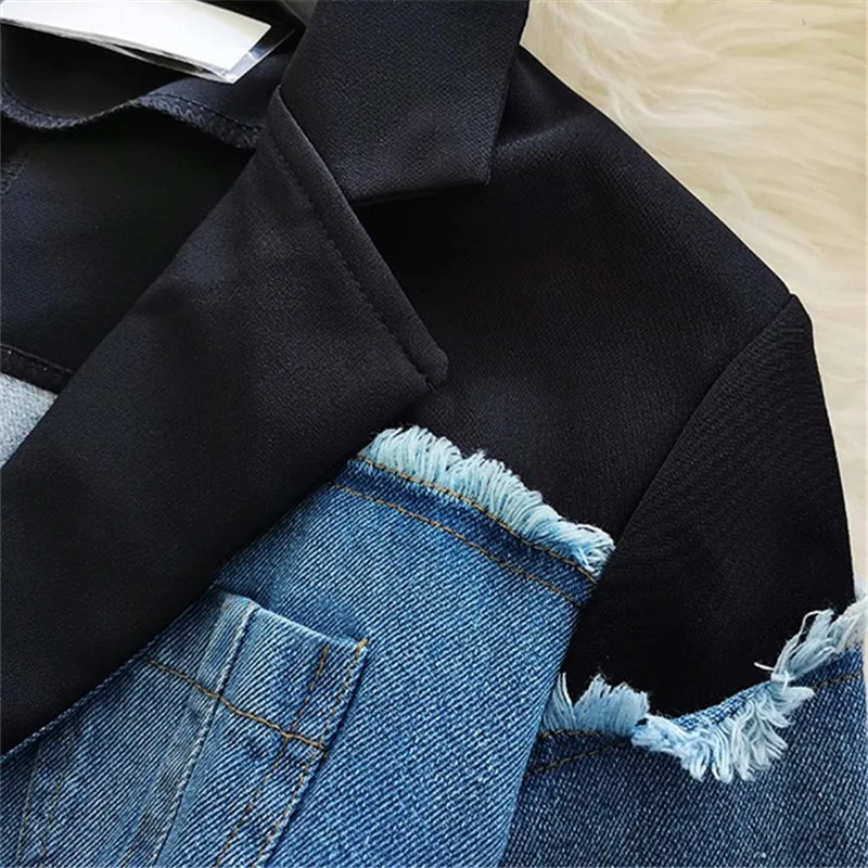 Denim Spliced Blazer Jacket Women Single Breasted Lapel Black Suit Jacket Asymmetry Fashion Patchwork Loose Blazers Coat Female