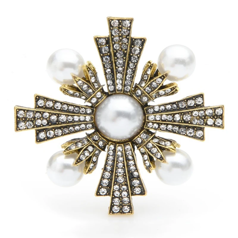 Wuli&baby Vintage Pearl Cross Brooches Women Retro Rhinestone Cross Baroque Style Weddings Banquet Brooch Pins Gifts