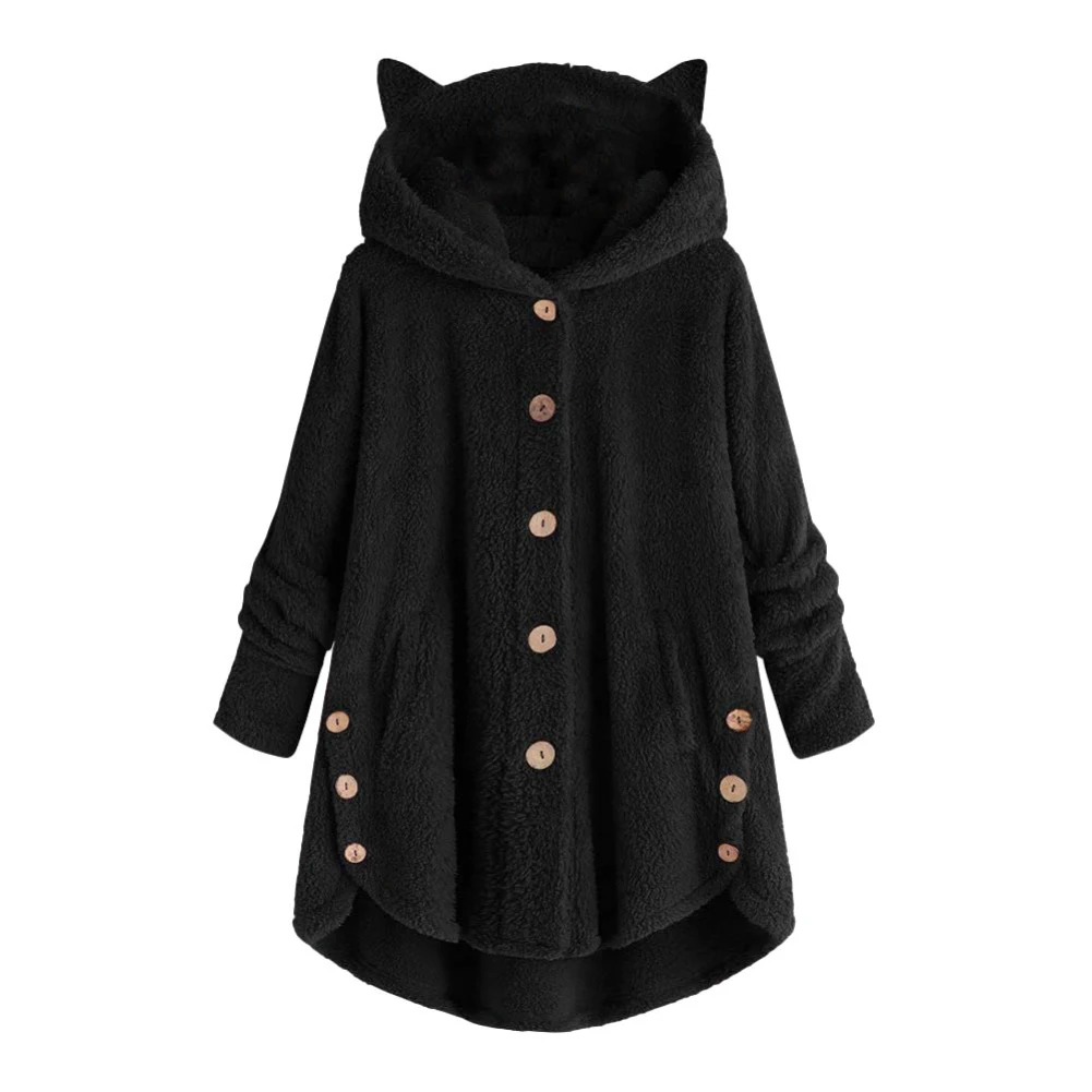 2020 Women\'s coat Winter Plus Velvet Sports Winter Cute Cats Ears Hooded Irregular Hem Buttons Jacket Fleece Coat Christmas gift