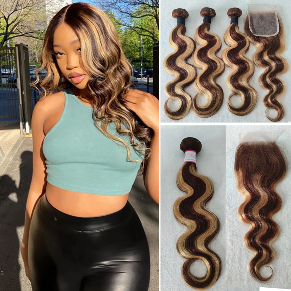 Highlight Body Wave Bundles With Closure Brazilian Human Hair Weave Bundles With Closure P4/27 Ombre Colored Remy Hair Yimeishun