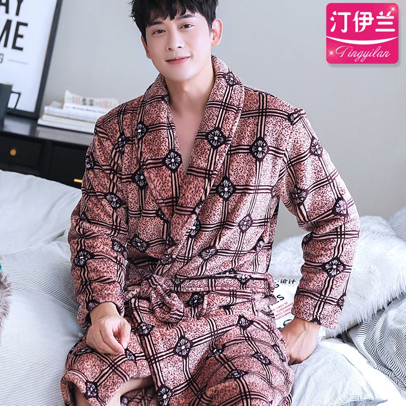 H5955 Men Robes Winter Plus Thick Coral Velvet Long Sleeve Bathrobe Sleepwear Male Warm Large Size Comfortable Soft Nightwear