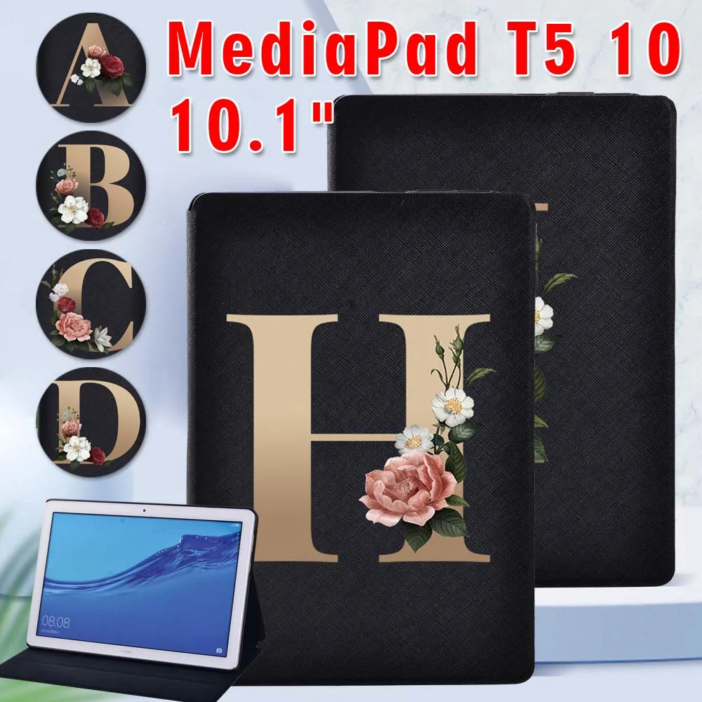 

Golden Letter Pattern Case for Huawei MediaPad T5 10 10.1 Inch AGS2-W09/W19/L03/L09 Leather Shockproof Tablet Case + Free Stylus