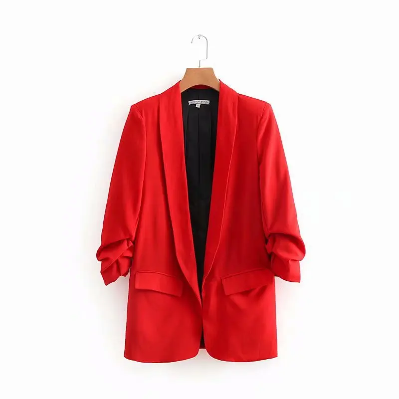 Ruched Cuff Women Spring Autumn Blazers Three Quarter Sleeve Office Lady Solid Suit Jacket Shawl Collar Pockets Coat for Female