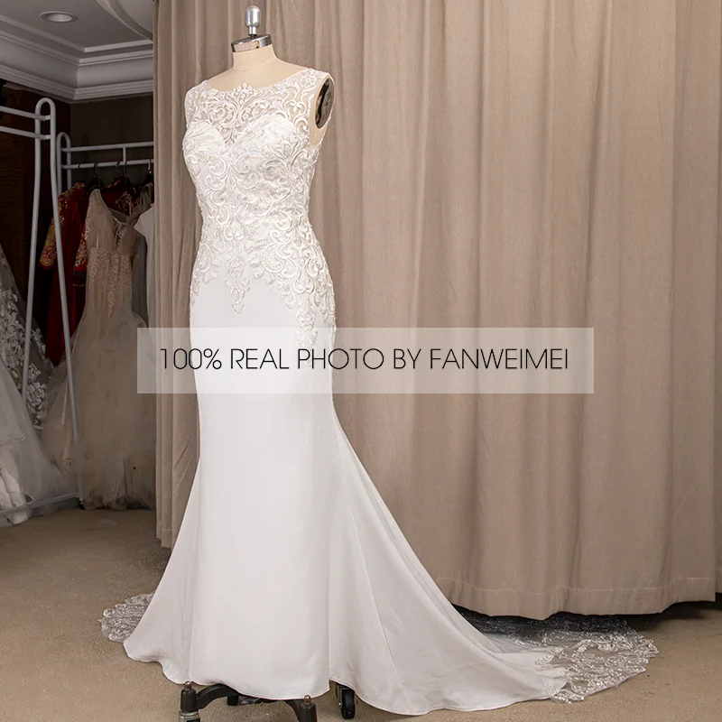 Vestidos de novia de encaje transparente sin mangas con apliques, vestido de novia elegante con Espalda descubierta, cuello redondo, fotos reales, 100%, 2021